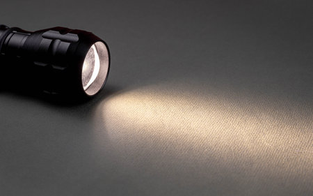 A bright beam of light from a flashlight shines on a gray background.