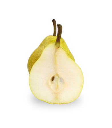 Two ripe green pears, cut in one, isolated on white backgroundの写真素材