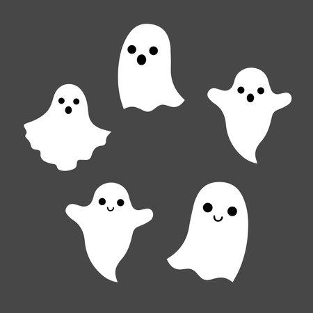 Vector halloween illustration of white funny cute ghosts on the black background as wallpaper or poster. Holiday autumn stickers set of pretty ghosts for graphic design.のイラスト素材