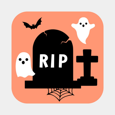 Vector halloween illustration of white funny ghost, silhouettes of graves, web and bat in the sky as sign, icon, wallpaper, sticker, print or pattern. Holiday autumn picture.のイラスト素材
