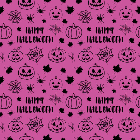 Gothic violet seamless pattern made up of many spiders, cobweb, maple leaves, pumpkins and text Happy Halloween. Endless repeating texture for printing on package, wrapper, fabric.のイラスト素材
