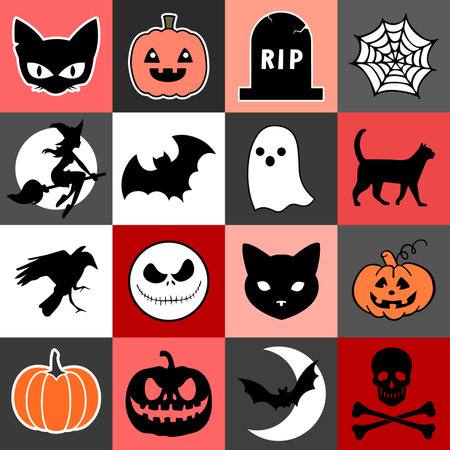 Halloween geometric seamless pattern made up of pumpkins, cats, ghost, bat, web, crow, witch, grave, scull and scary face. Holiday endless pattern for printing on package, wrapper.のイラスト素材