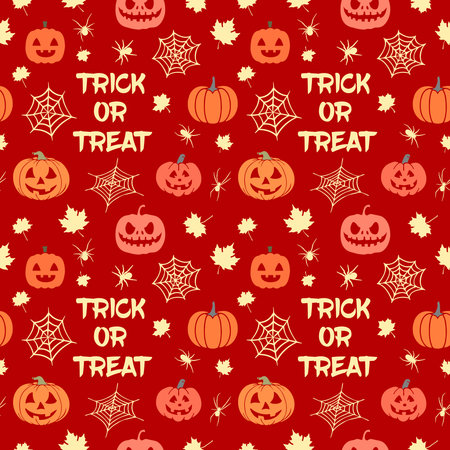 Halloween seamless pattern made up many spiders, cobweb, maple leaves, pumpkins and text Trick or Treat. Holiday endless repeating texture for printing on package, wrapper, cloth.のイラスト素材