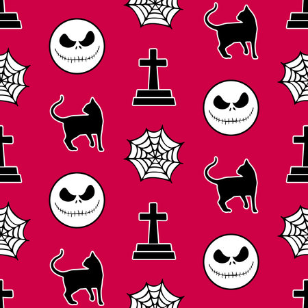 Halloween red gothic seamless pattern made up of cats, graves, scary faces and web. Holiday endless pattern for printing on package, gift paper, wrappers, envelopes, fabric, cards.のイラスト素材