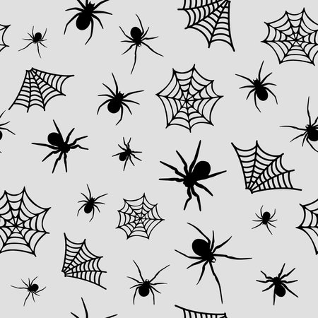 Gothic Halloween seamless pattern made up many spiders and cobweb. Ornamental paper design. Holiday endless repeating texture for printing on package, wrapper, envelopes, cards.のイラスト素材