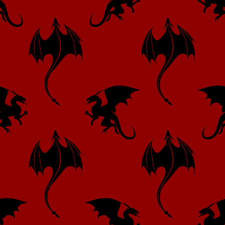 Seamless pattern made up of black dragons and wyverns on the red background. Endless repeating pattern for printing on package, wrappers, textile, envelopes, cards or cloth.のイラスト素材