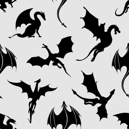 Seamless pattern made up of black dragons and wyverns on the white background. Endless repeating pattern for printing on package, wrappers, textile, envelopes, cards or cloth.のイラスト素材