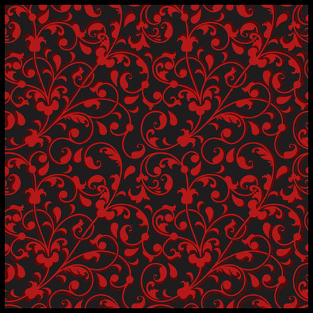 Gothic vintage pattern, red floral ornament on the black background. Black and red wallpaper pattern. Dark red retro texture as fabric design or backdrop for postcard.のイラスト素材