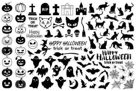 Holiday collection of a black silhouettes for Halloween. Gothic sticker pack as prints, patterns for graphic or fashion design.のイラスト素材