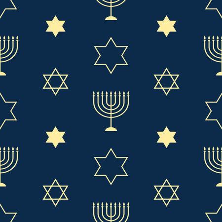 Celebration seamless pattern with golden chandeliers and stars of David on the black background for Hanukkah Jewish holiday. Luxury texture for banner, wallpaper, card or poster.のイラスト素材