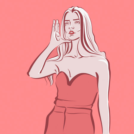 Blonde haired attractive strong woman in a retro suit made up of top and classic pants. Fashion cartoon portrait of a stylish beautiful girl with long light hair and pale skin.の写真素材