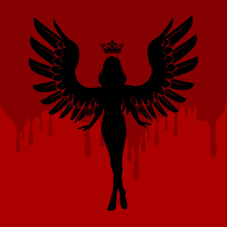 Gothic vector illustration of an angel woman with wings and crown over her head on the red backdrop of blood. Silhouette of a scary devil lady with big wings.のイラスト素材