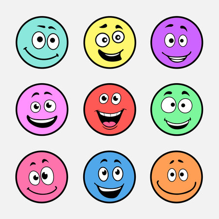 Cartoon colored emoticons is smiling or laughing. Different colorful emoji as stickers set for design websites, applications, clothes, accessories, signs, logo or social media.のイラスト素材