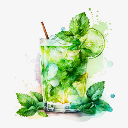Glass of water with lime. Watercolor illustration of a fresh cocktail decorated with mint and lime.の素材