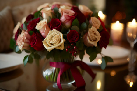 Stunning bouquet of red and white roses in the vase on the table. Luxurious interior, muffled light in the room.の素材