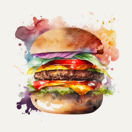 Watercolor illustration of a big burger on white background.の素材