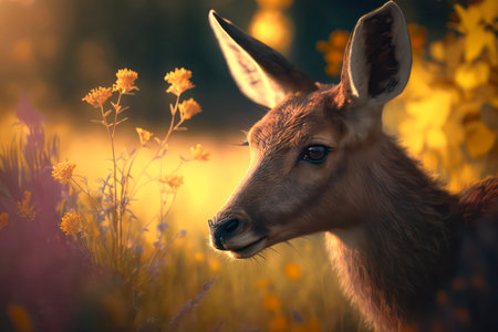 Portrait of a young deer in the morning.の素材