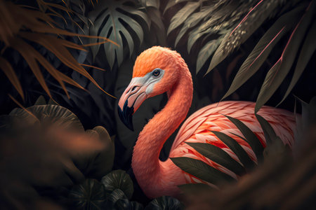 Beautiful pink flamingo among tropical leaves.の素材