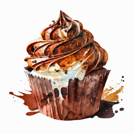 Watercolor illustration of a chocolate cupcake decorated with whipped cream.の素材