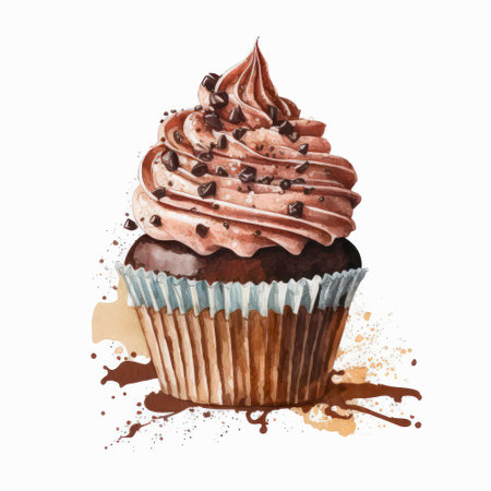Watercolor illustration of a chocolate cupcake decorated with whipped cream.の素材