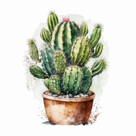 Watercolor illustration of a green cactus in a pot on a white background.の素材