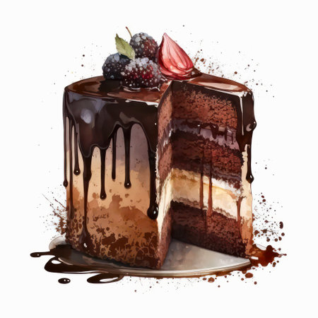 Watercolor illustration of a tasty cake decorated with chocolate glaze and berries on white background.の素材