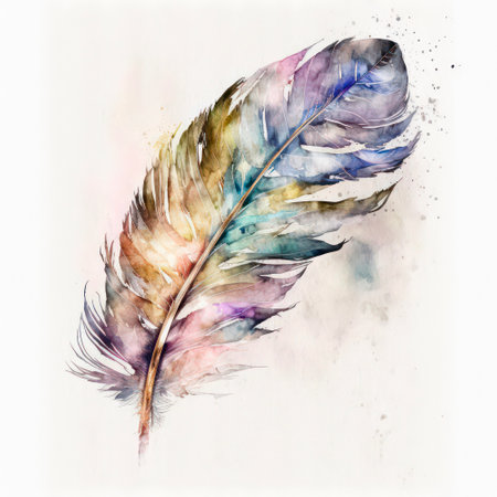 Bird feather in watercolor style with paint splashes.の素材
