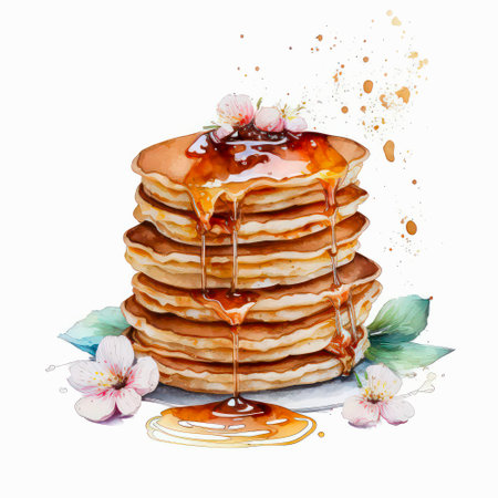 Watercolor pancakes with maple syrup on white background.の素材