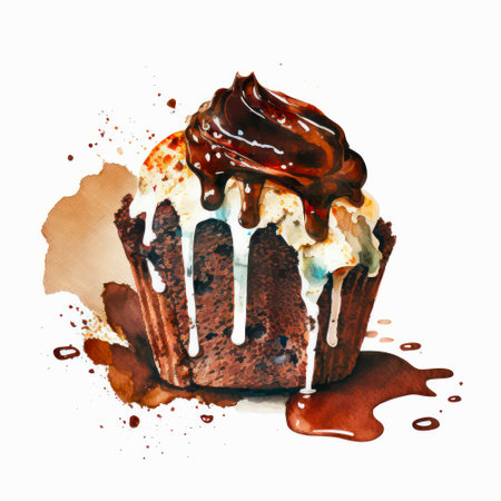 Watercolor illustration of a chocolate cupcake decorated with cream.の素材