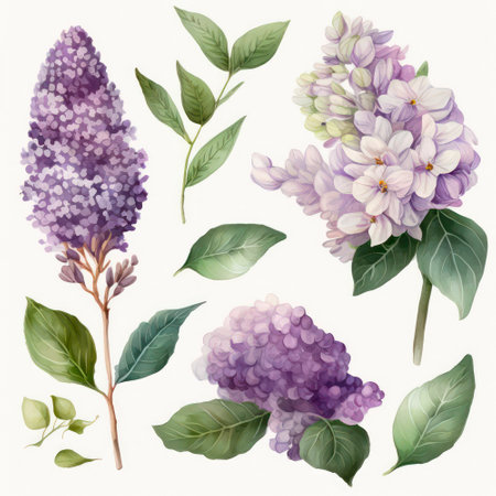 Watercolor set of lilac branches on white background.の素材