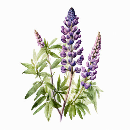 Watercolor violet lupine flowers on white background.の素材