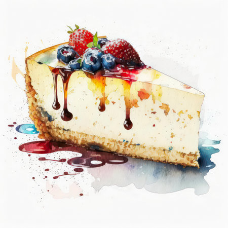 Watercolor illustration of a piece of cheesecake decorated with caramel topping and berries on white background.の素材