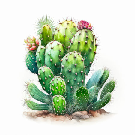 Watercolor illustration of a green cactus on a white background.の素材
