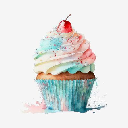 Watercolor illustration of a cupcake decorated with whipped cream and cherry.の素材