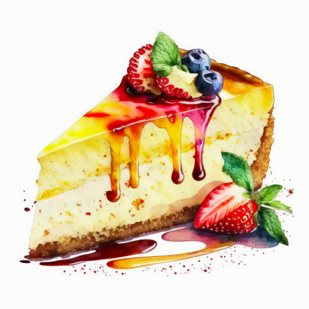 Watercolor illustration of a piece of cheesecake decorated with caramel topping and berries on white background.の素材
