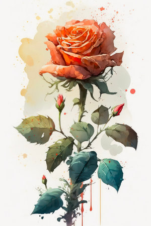 Watercolor illustration of a single beautiful red rose.の素材