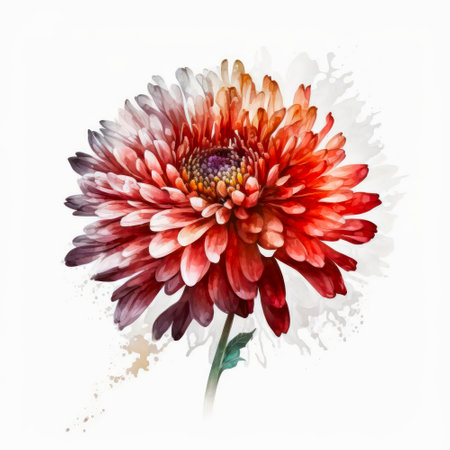 Red chrysanthemum flower isolated on white background. Watercolor illustration of a single beautiful red flower.の素材