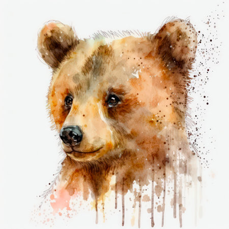 Watercolor illustration of a young brown bear. Abstract portrait of a cute grizzly bear on white background.の素材