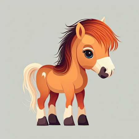 Cute little brown horse, beautiful animal, cartoon character, digital art. Small pretty stallion, cartoon illustration.の素材