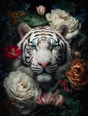 Portrait of a white tiger with blue eyes among flowers.の素材
