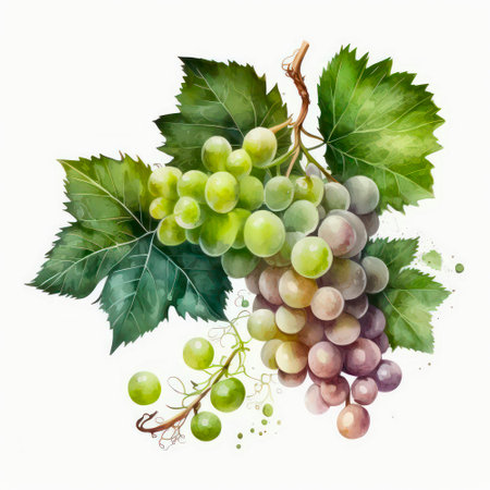 Watercolor illustration of a branch with green grapes on a white background.の素材