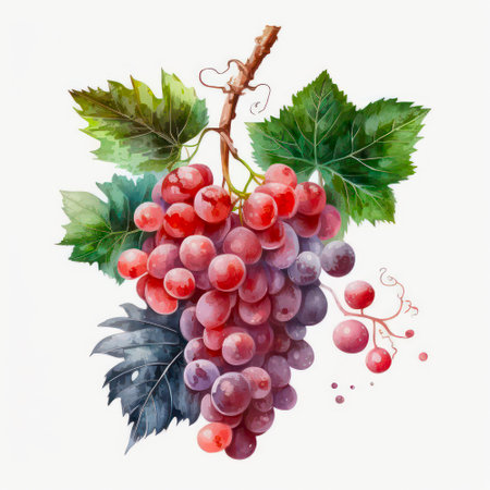 Watercolor illustration of a branch with red grapes on a white background.の素材