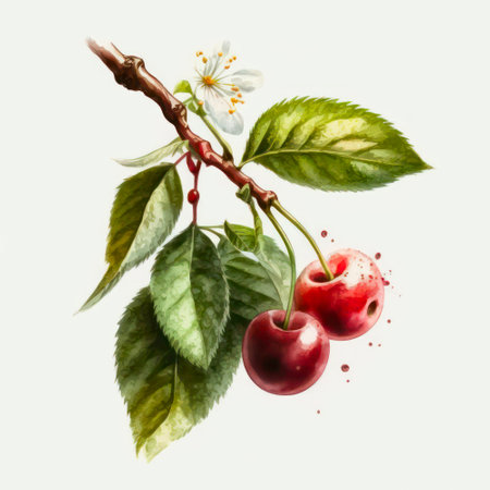 Red cherry in watercolor style on white background.の素材