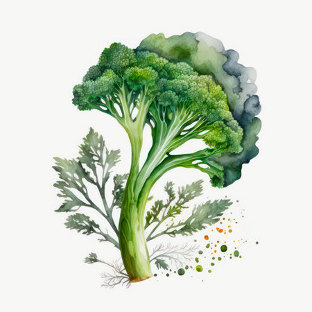 Green broccoli in watercolor style on white background. Healthy food illustration.の素材