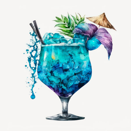 Watercolor illustration of an alcohol cocktail with blue curacao liquor on white background. Digital art of an exotic blue drink in a cocktail glass.の素材