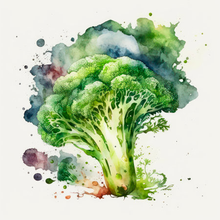 Green broccoli in watercolor style on white background. Healthy food illustration.の素材