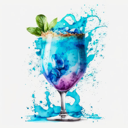 Watercolor illustration of an alcohol cocktail with blue curacao liquor on white background. Digital art of an exotic blue drink in a cocktail glass.の素材