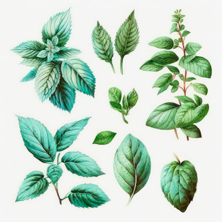 Set with mint leaves on white background.の素材