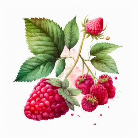 Watercolor illustration of ripe raspberries with leaves on white background.の素材
