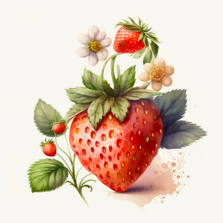Watercolor illustration of a ripe strawberry with leaves on white background.の素材